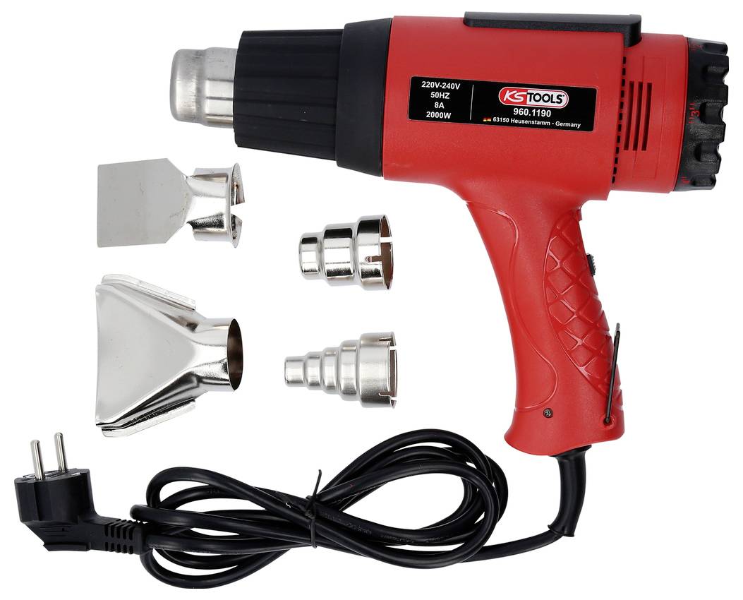 Czerwona dmuchawa gorącego powietrza z wymiennymi dyszami o różnych kształtach. Odpowiednia do zadań takich jak usuwanie farby lub odkształcanie tworzyw sztucznych.