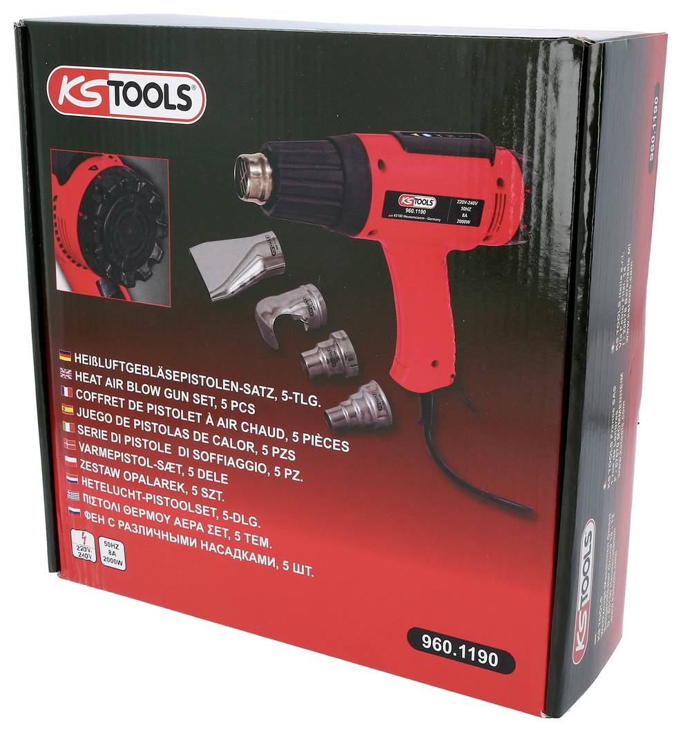 Zestaw pistoletów na gorące powietrze z 5 końcówkami marki KS Tools w czerwonym opakowaniu. Zawiera ilustracje zastosowań i oznaczenie produktu.