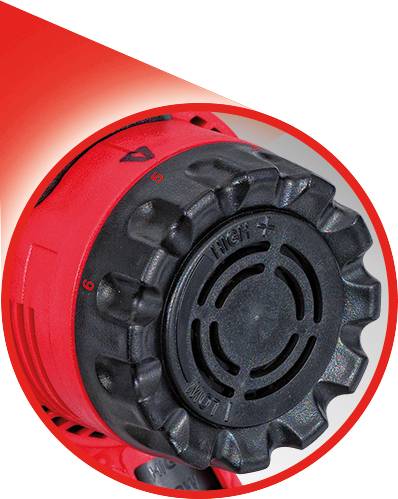 Czerwone i czarne urządzenie z obrotowym pokrętłem, oznaczonym ustawieniami od wysokich do niskich. Pokrętło jest sfokusowane w zbliżeniu.