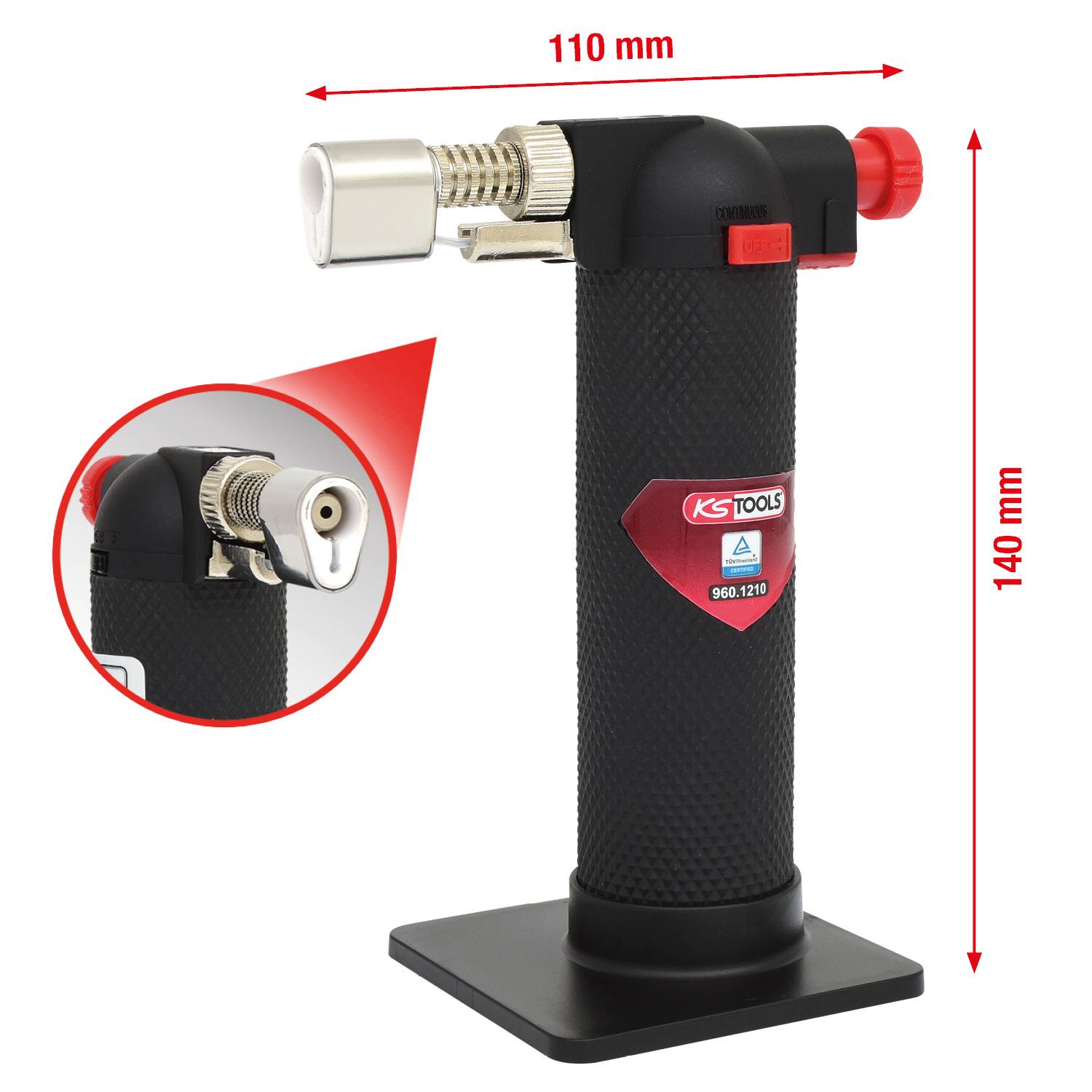 Palnik gazowy z dźwignią bezpieczeństwa, czarną rękojeścią i czerwonym przełącznikiem. Wymiary: 110 mm szerokości i 140 mm wysokości.