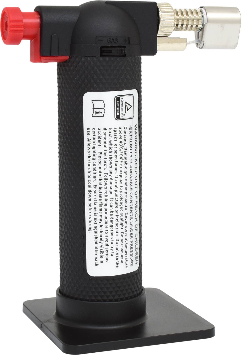 Czarny palnik gazowy z czerwonym przyciskiem zapłonu oraz ostrzeżeniem na boku.