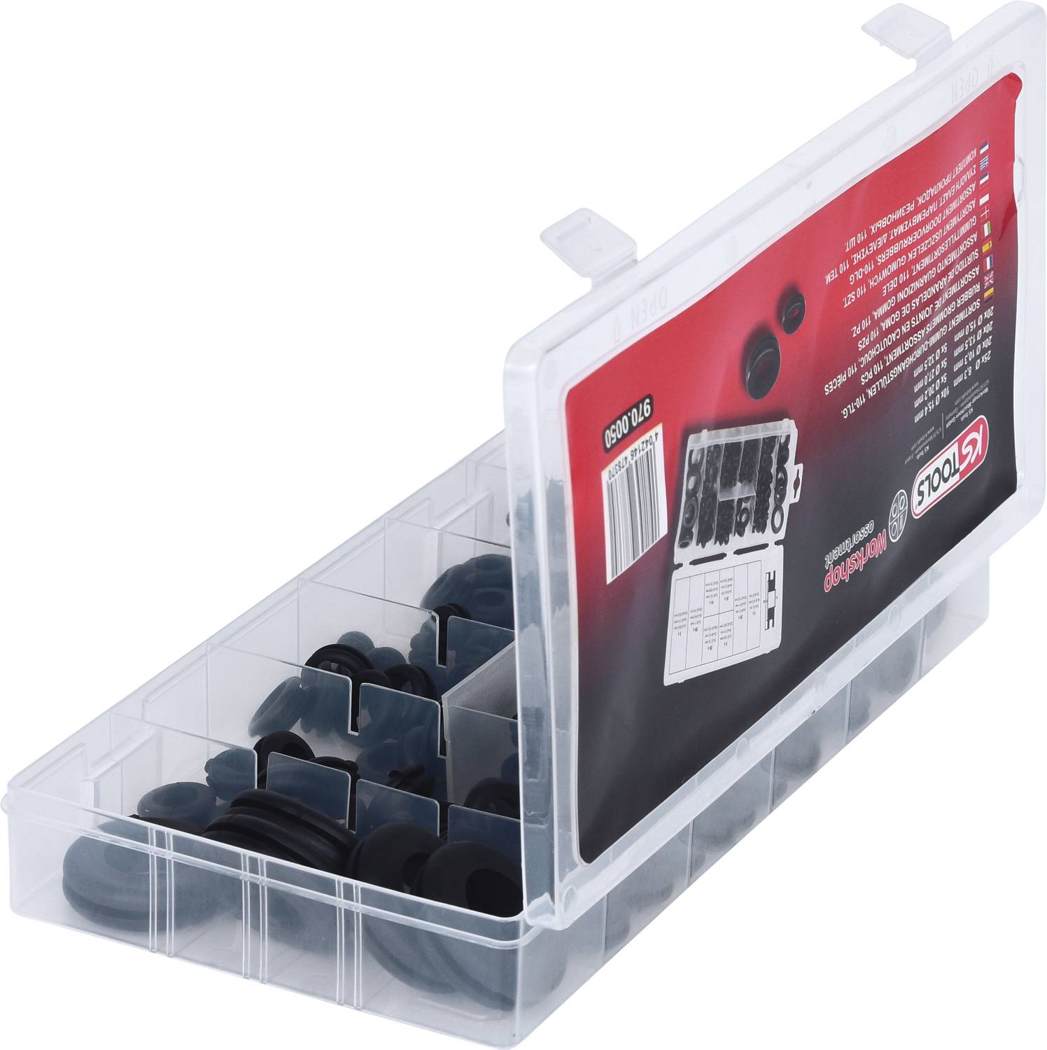 Otwarta plastikowa obudowa z wieloma przegródkami prezentuje czarne elementy plastikowe o różnych kształtach. Na wewnętrznej stronie pokrywy widoczna jest etykieta z opisem oraz kod kreskowy.