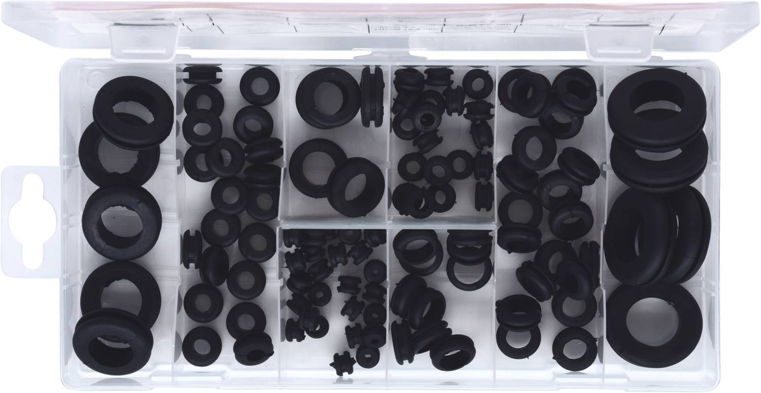 Pudełko asortymentowe z różnymi rozmiarami czarnych uszczelek gumowych.