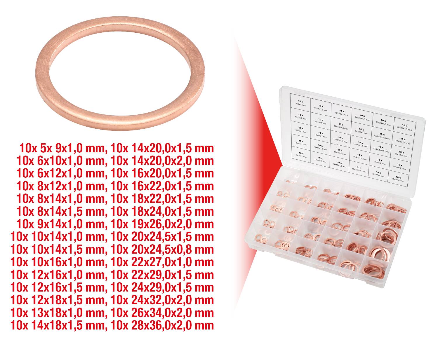 Zestaw pierścieni miedzanych w różnych rozmiarach od 5x9x1,0 mm do 28x36x0,2 mm, prezentowany w pudełku z przegródkami.