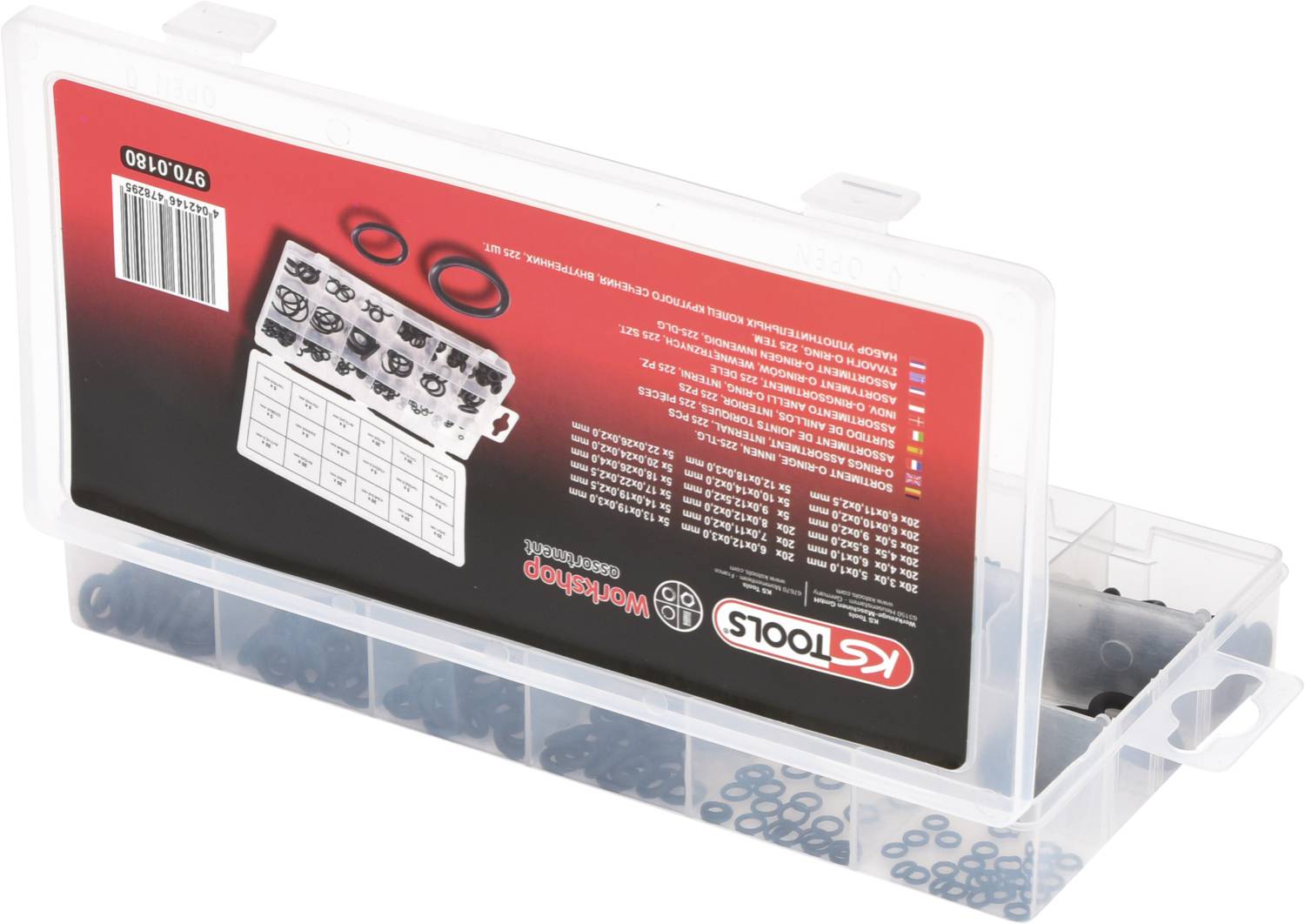 Przezroczyste pudełko z uszczelkami O-ring w różnych rozmiarach, etykieta na górze pokazuje informacje o produkcie oraz ilustracje uszczelek.