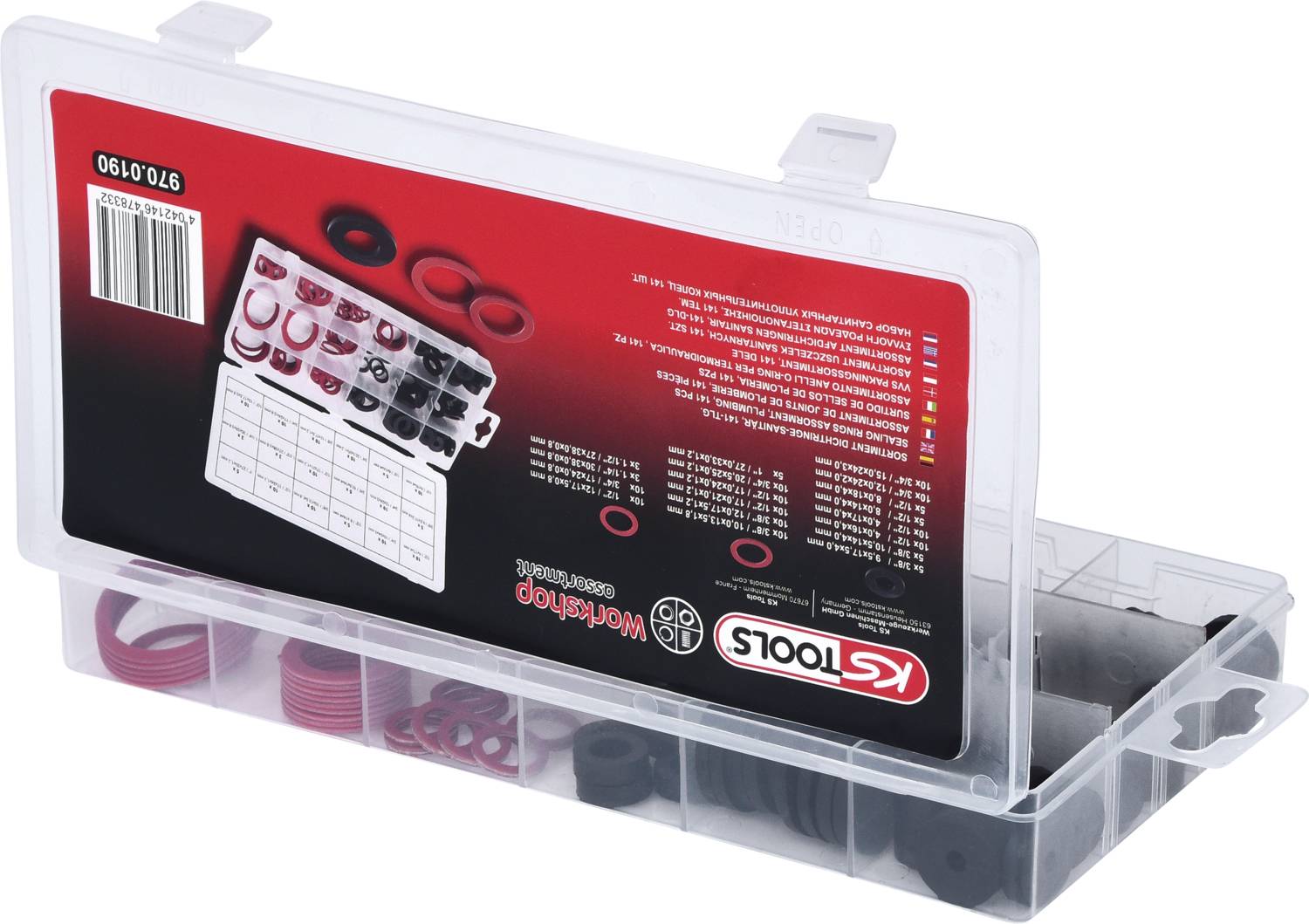 Przezroczyste pudełko z tworzywa sztucznego z czerwoną i czarną uszczelką gumową w kilku przegródkach. Etykieta na górze przedstawia informacje o produkcie i numer części.