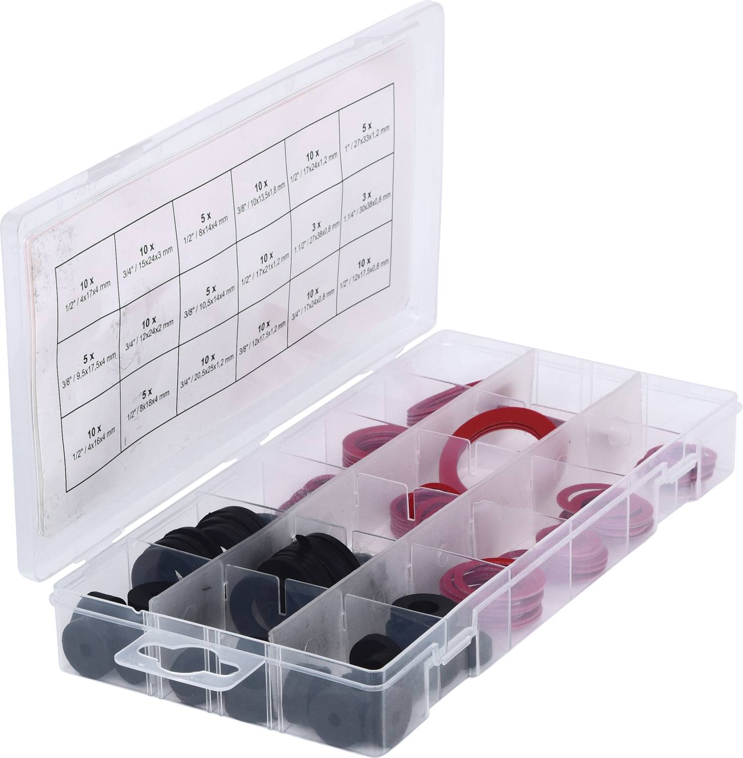 Otwarty plastikowy pojemnik z wieloma przegródkami zawiera czerwone i czarne uszczelki w różnych rozmiarach.