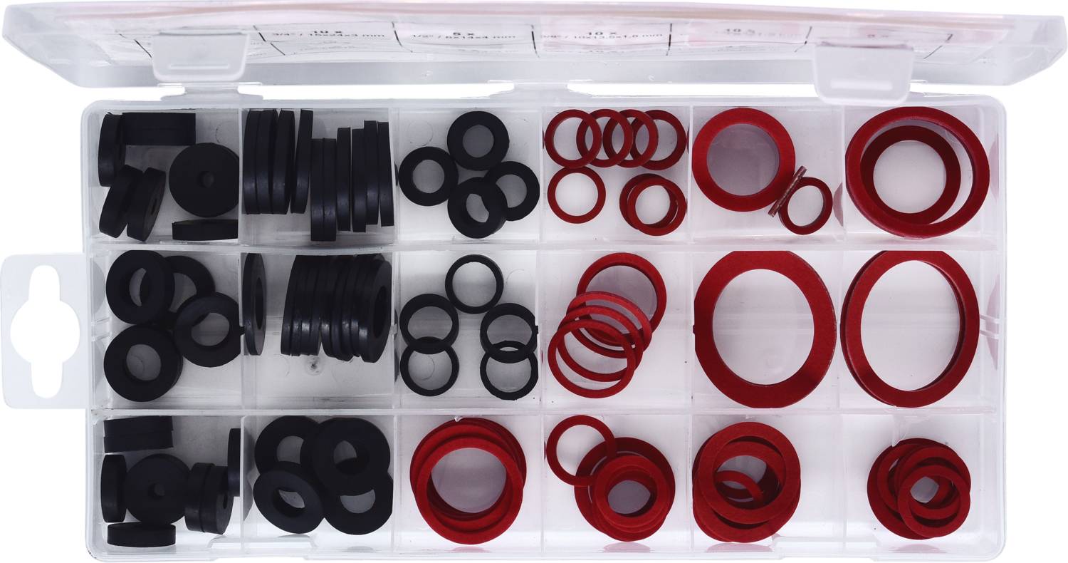 Asortyment uszczelnień czerwonych i czarnych w plastikowym pudełku z przegródkami. Widoczne są różne rozmiary i kształty.
