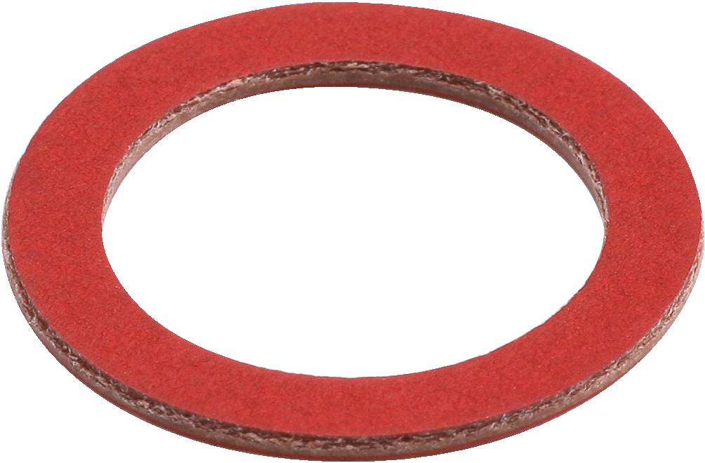 Czerwony, okrągły pierścień uszczelniający wykonany z materiału kartonowego, stosowany głównie do uszczelniania w instalacjach sanitarnych lub zastosowaniach motoryzacyjnych.