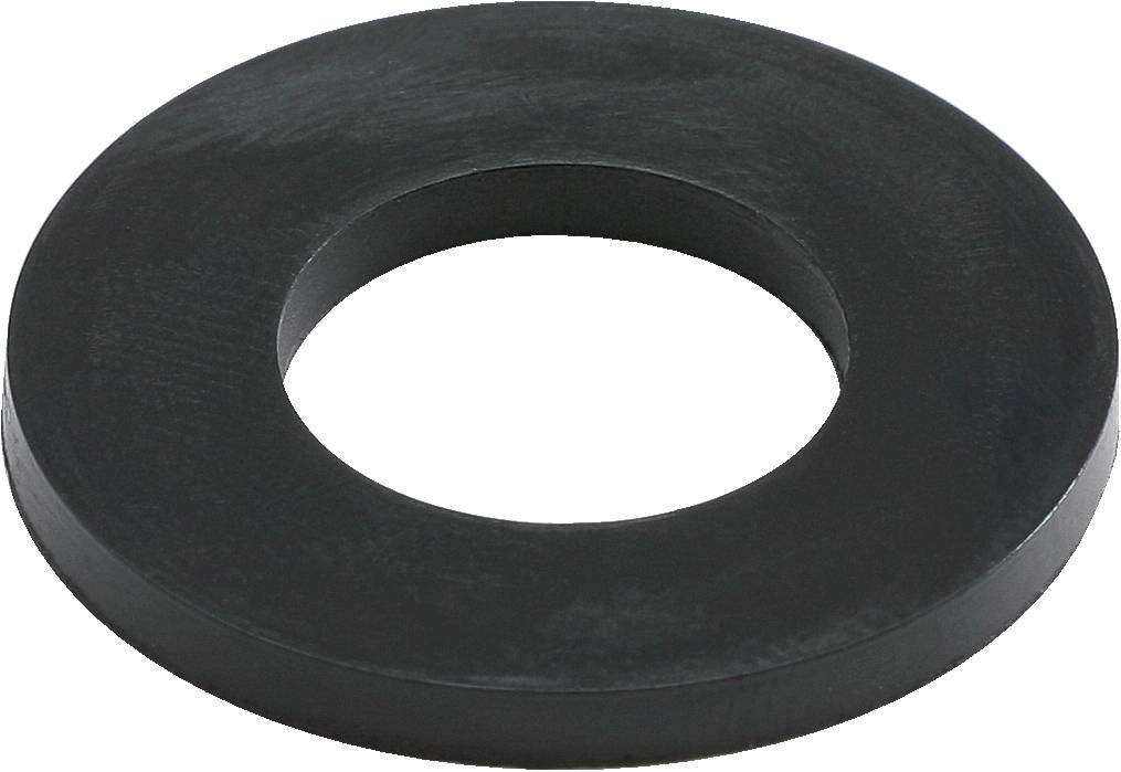 Czarny, okrągły pierścień gumowy lub uszczelniający z otworem pośrodku.