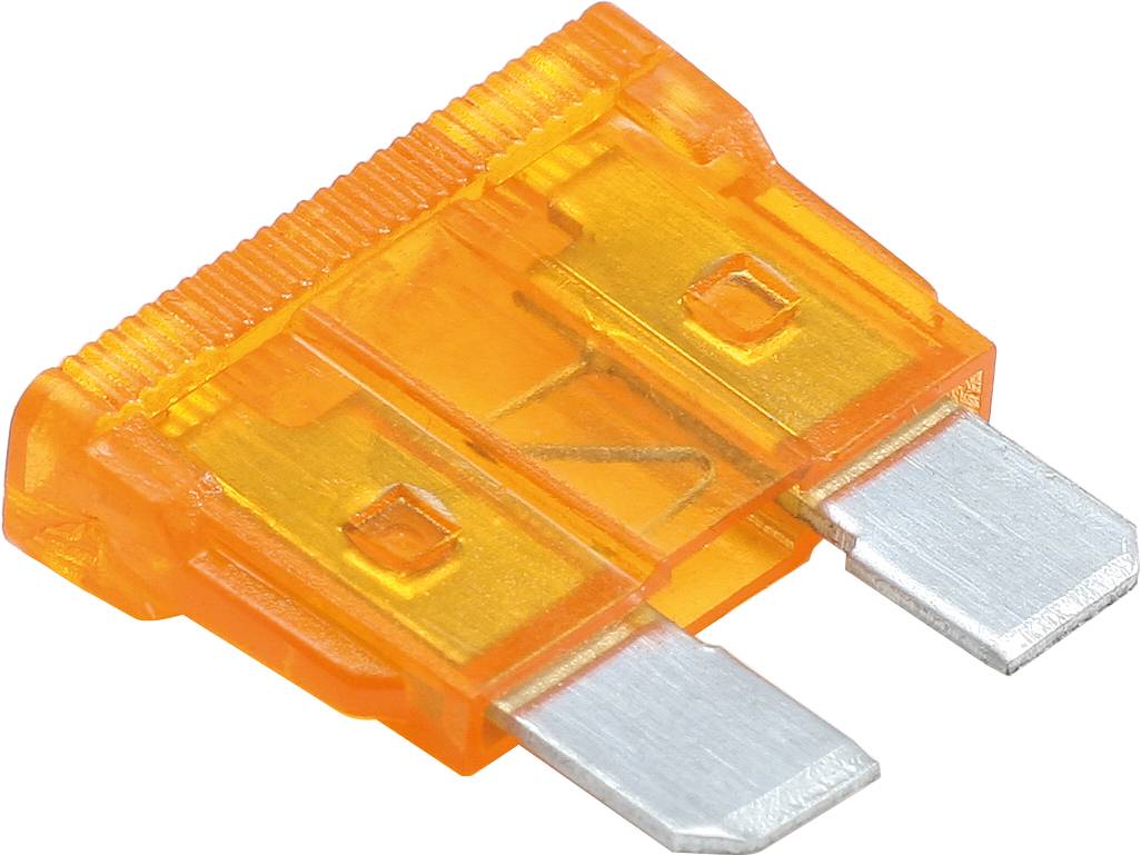 Pomarańczowy bezpiecznik samochodowy z dwoma stykami metalowymi, stosowany do ochrony przed przeciążeniem prądowym w pojazdach.