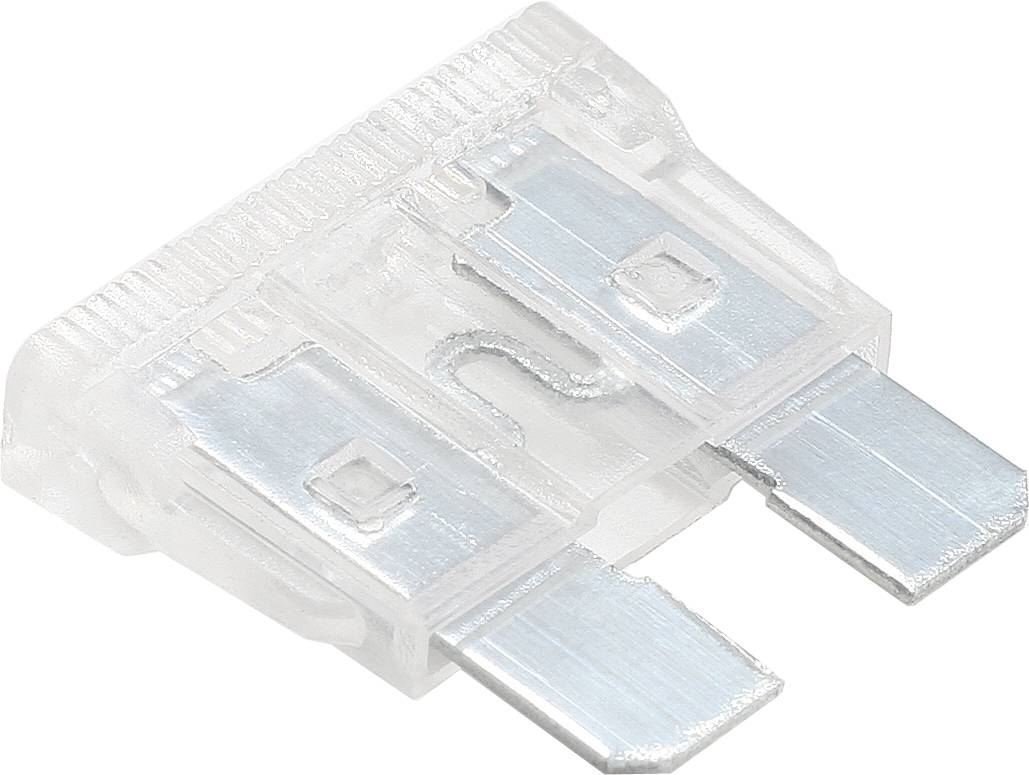 Przezroczysty bezpiecznik płaski z dwoma stykami metalowymi, zazwyczaj stosowany w urządzeniach elektrycznych w celu ochrony przed przeciążeniem.