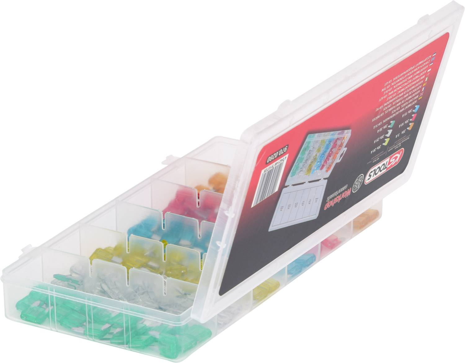 Otwarty plastikowy pojemnik z różnokolorowymi plastikowymi wyrobami ułożonymi w przegródkach.