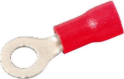 Czerwony konektor kablowy z okrągłym metalowym pierścieniem na końcu, powszechnie stosowany w elektrotechnice do bezpiecznego mocowania przewodów.