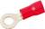 Czerwony konektor kablowy z okrągłym metalowym pierścieniem na końcu, powszechnie stosowany w elektrotechnice do bezpiecznego mocowania przewodów.