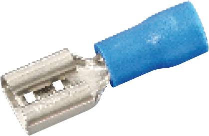 Niebieski płaski złącz wtykowy z metalowym przyłączem. Często stosowany w zastosowaniach elektrycznych do łączenia przewodów.