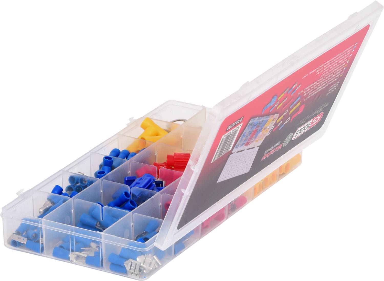 Otwarty plastikowy pojemnik z przegródkami, wypełniony niebieskimi, czerwonymi i żółtymi złączkami kablowymi.