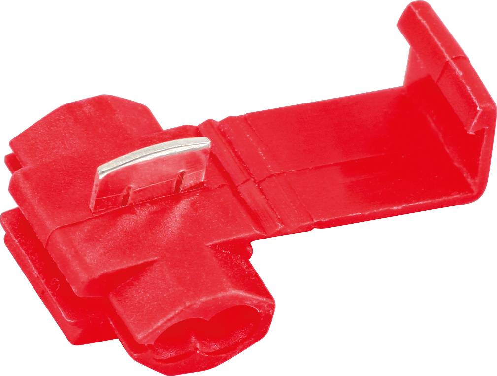 Czerwony złącznik kablowy z metalowym zaciskiem, zbliżenie, służący do łatwego łączenia przewodów elektrycznych.
