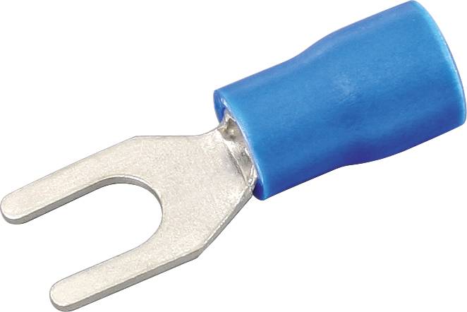 Niebieski konektor kablowy z końcówką widełkową, często stosowany do bezpiecznego połączenia przewodów elektrycznych.