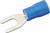 Niebieski konektor kablowy z końcówką widełkową, często stosowany do bezpiecznego połączenia przewodów elektrycznych.