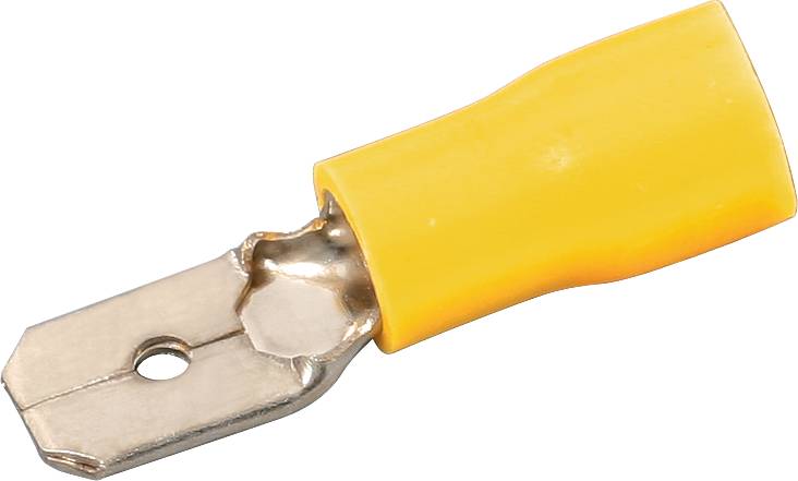 Żółty płaski wtyk z izolacyjnego tworzywa sztucznego, stosowany do połączeń elektrycznych.