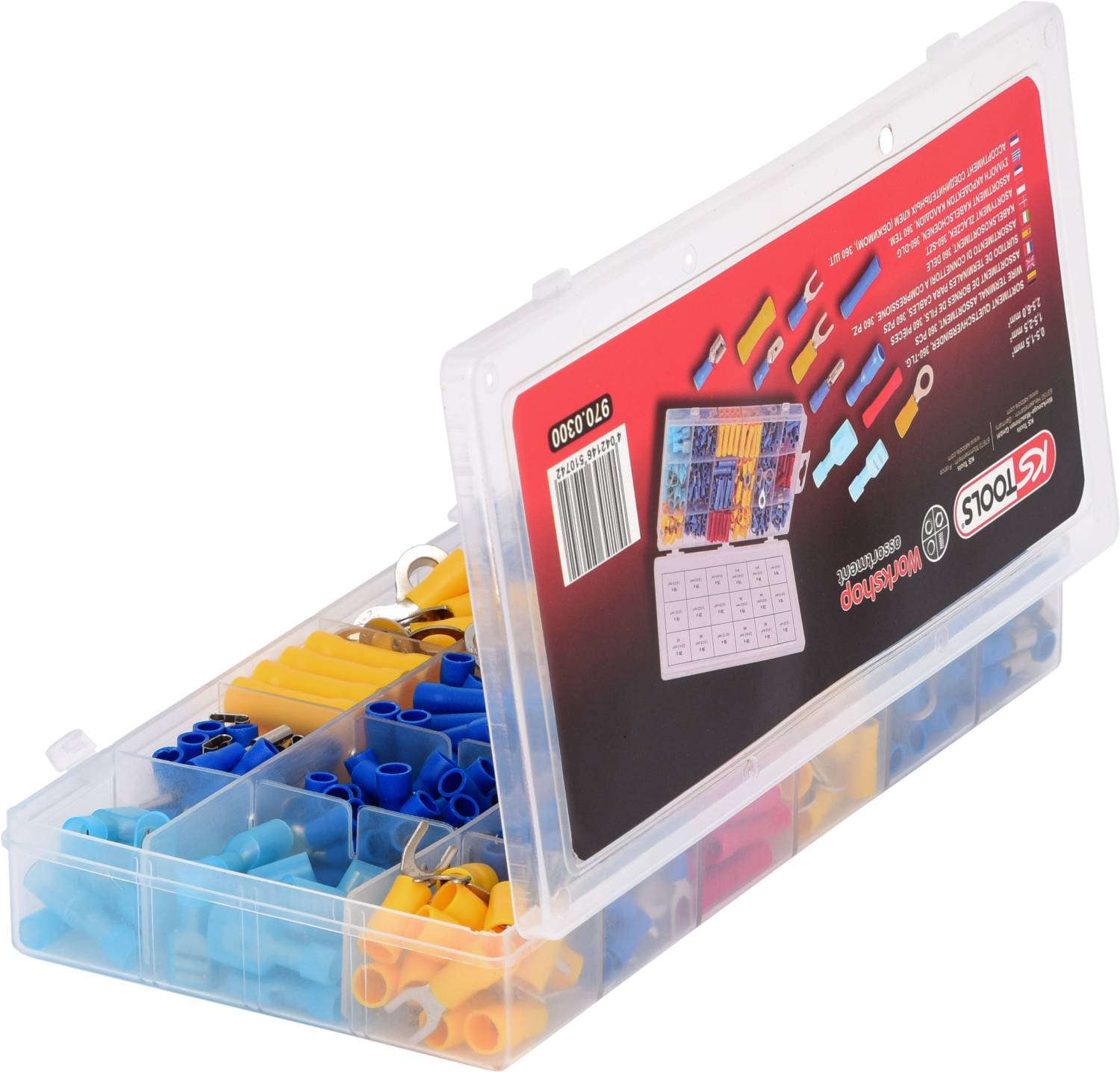 Przezroczyste pudełko z tworzywa sztucznego z różnymi niebieskimi, żółtymi i czerwonymi złączkami elektrycznymi, ułożonymi w oddzielnych przegródkach.