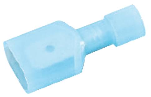 Niebieski, izolowany wtyk kablowy z płaskim złączem męskim, przeznaczony do połączeń elektrycznych i okablowania.