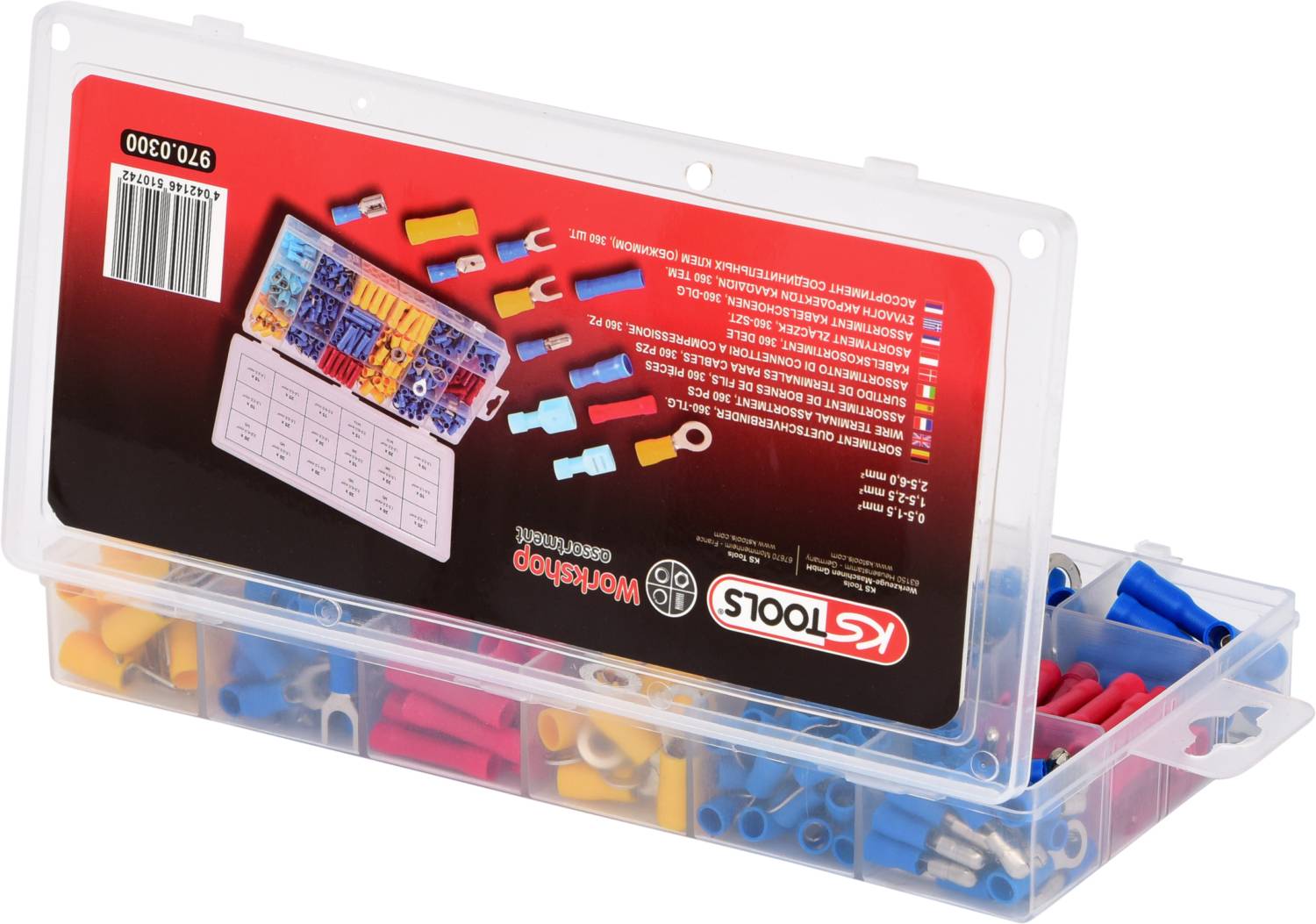 Przezroczyste pudełko magazynowe z różnokolorowymi końcówkami kabli i złączami, z częściowo otwartą pokrywką.