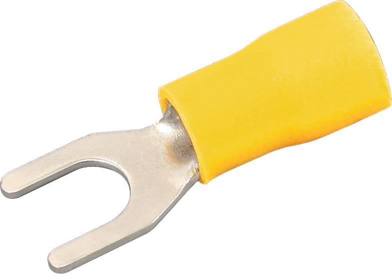 Żółty kabel z końcówką widełkową z metalowym złączem, stosowany do połączeń elektrycznych.