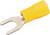 Żółty kabel z końcówką widełkową z metalowym złączem, stosowany do połączeń elektrycznych.