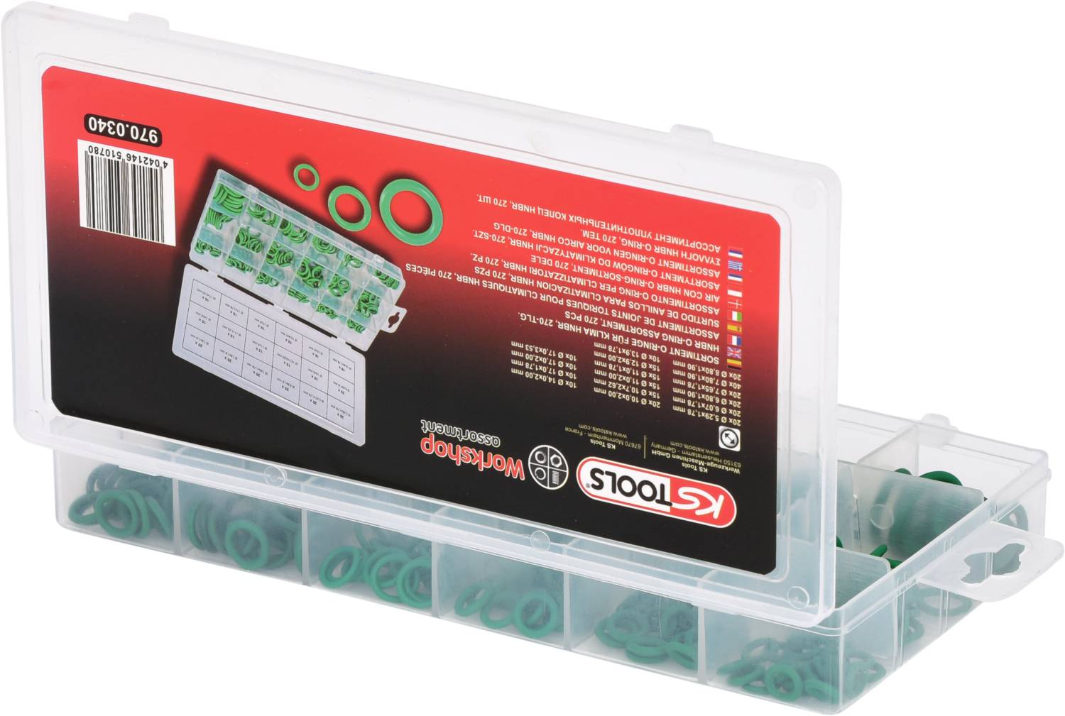 Przezroczyste pudełko z zielonymi uszczelkami w różnych rozmiarach, podzielone na przegródki. Przewodnik na wewnętrznej stronie pokrywy.