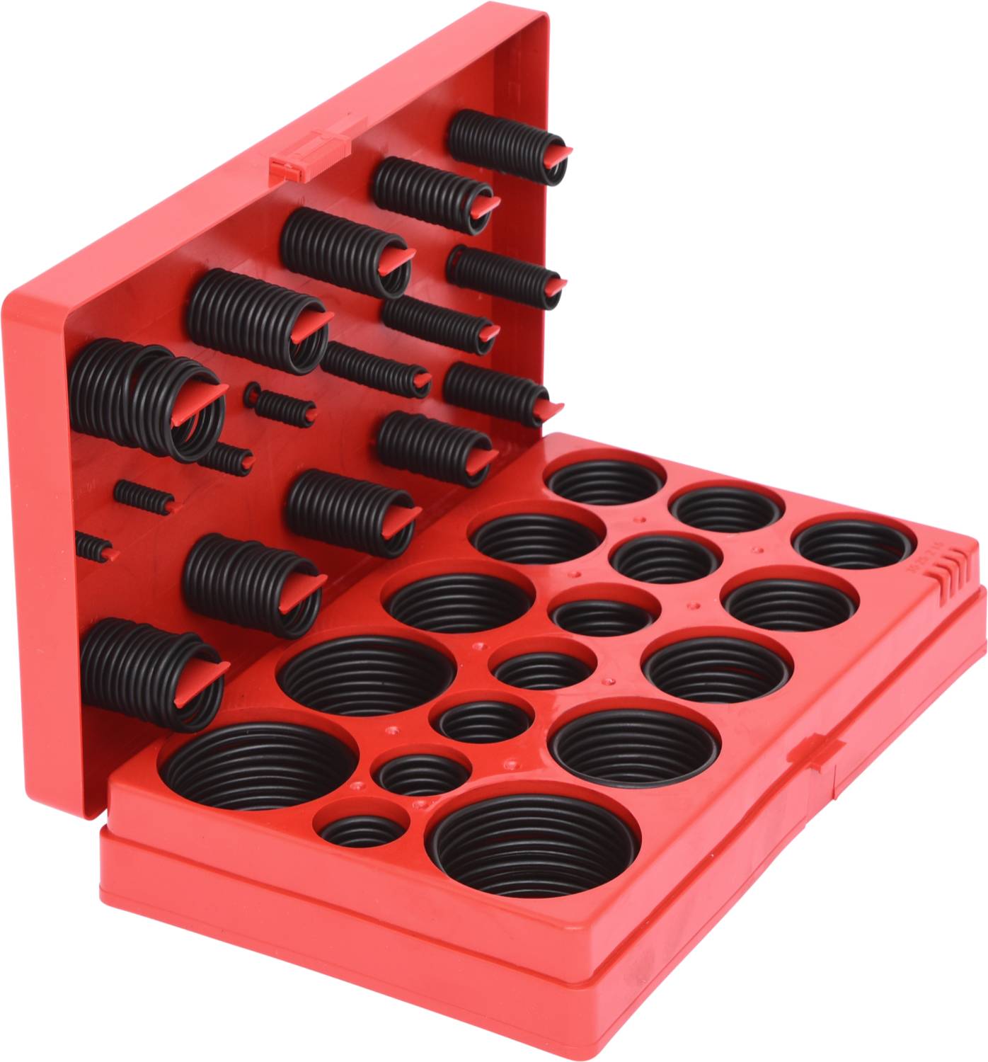 'Czerwone plastikowe pudełko z różnymi czarnymi pierścieniami O-ring w różnych rozmiarach, ułożonymi w przegródkach do przechowywania lub napraw.'
