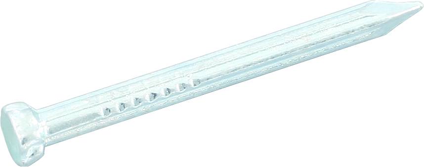 Gwóźdź metalowy, lśniący srebrem, z płaską główką i ostrzem, odpowiedni do projektów budowlanych lub rzemieślniczych.