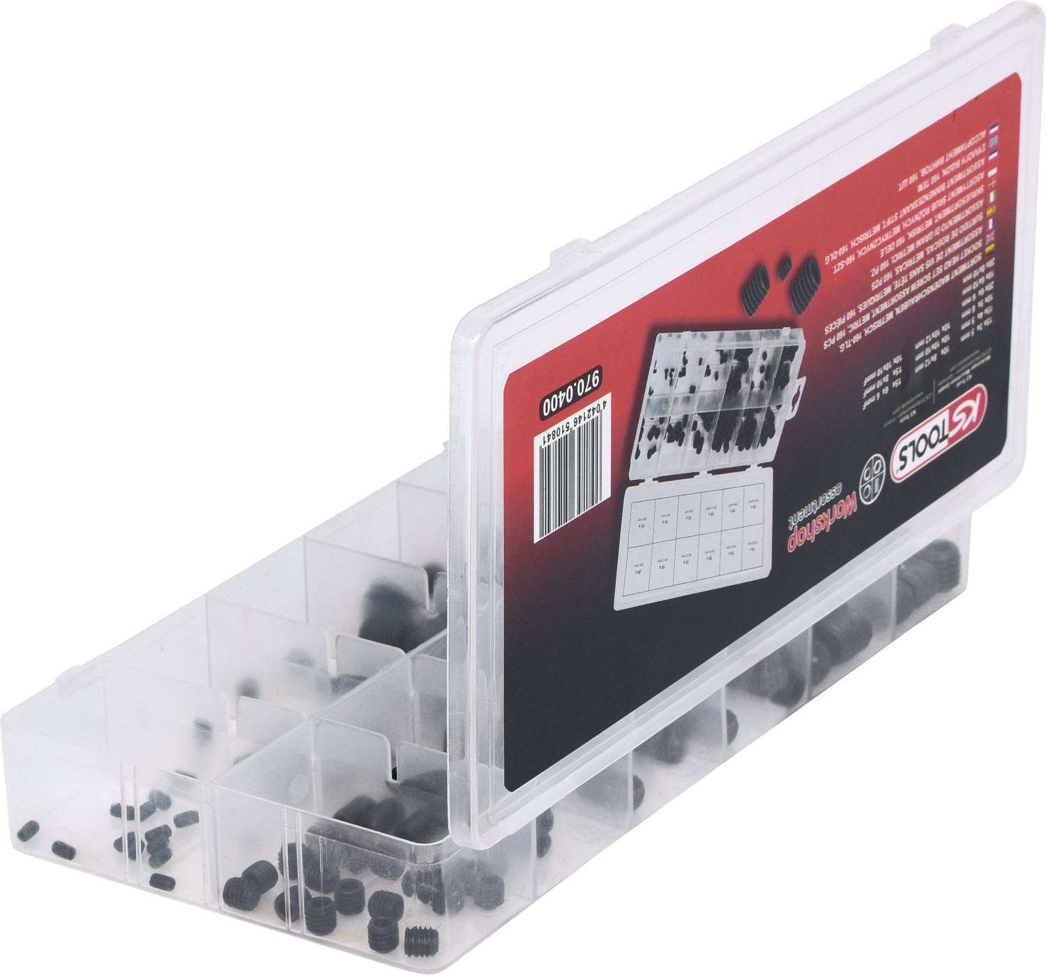 Pudełko z tworzywa sztucznego z dziewięcioma przegródkami, wypełnione różnymi małymi, czarnymi elementami. Na etykiecie z tyłu podane informacje o kolorze i rozmiarze.