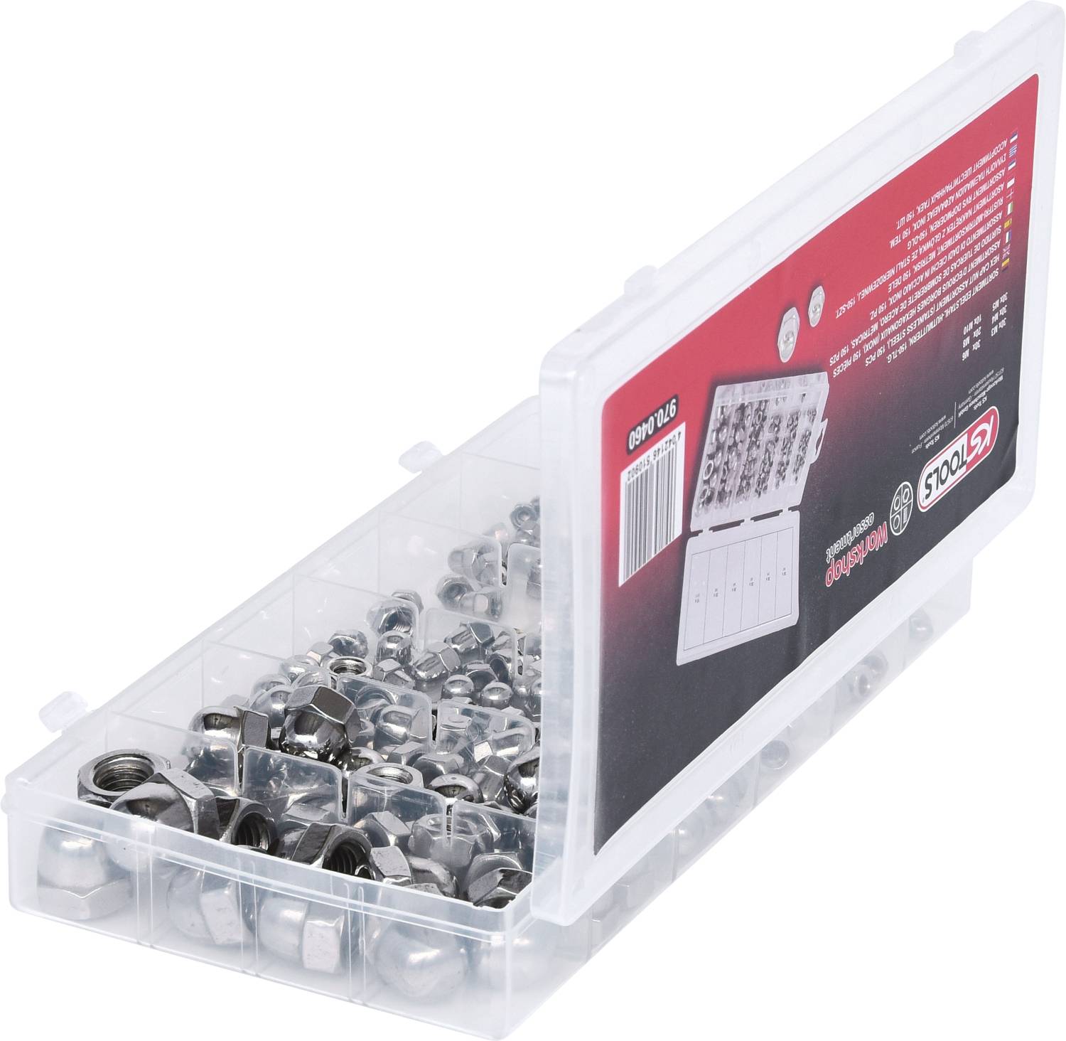 Plastikowe pudełko z nakrętkami metalowymi w różnych rozmiarach. Przesuwana pokrywa z naklejką zawierającą informacje o produkcie i logo producenta.