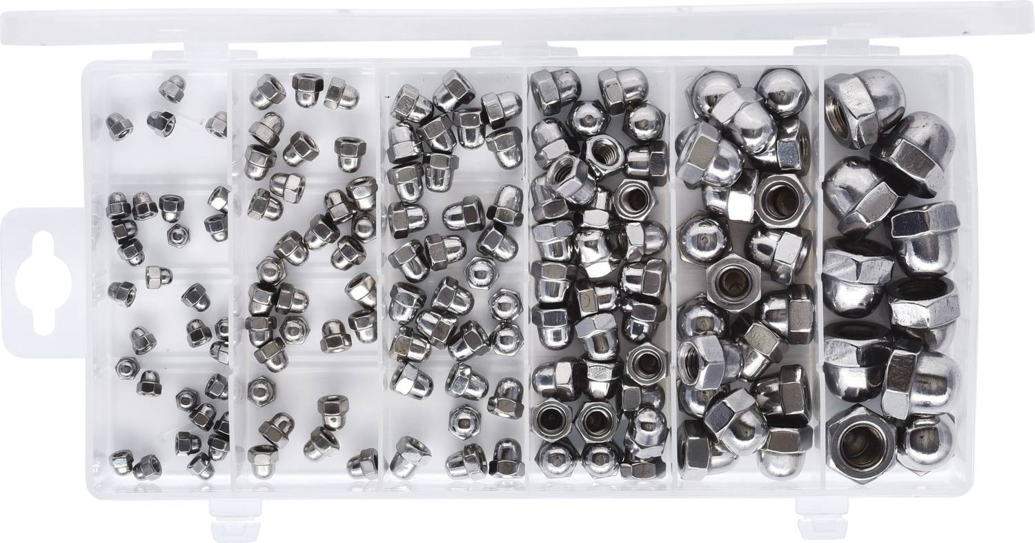 Metalowe nakrętki w różnych rozmiarach, posortowane w przezroczystym plastikowym pojemniku podzielonym na komórki.