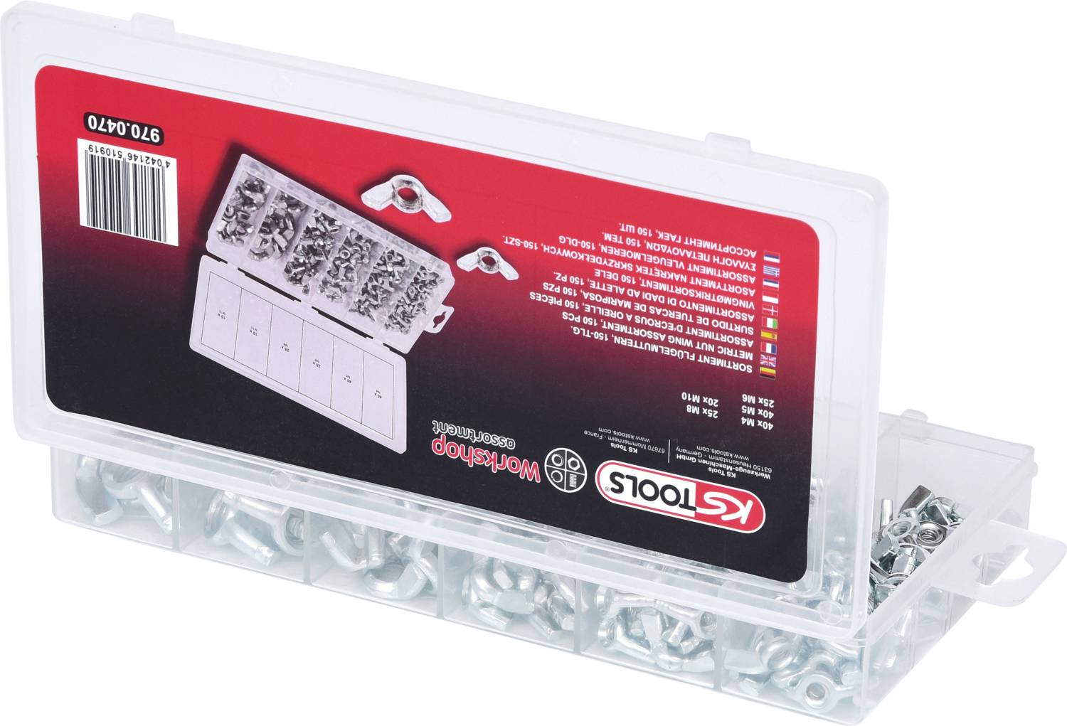 Plastikowy pojemnik z różnymi nakrętkami metalowymi, posortowanymi w przegródkach.