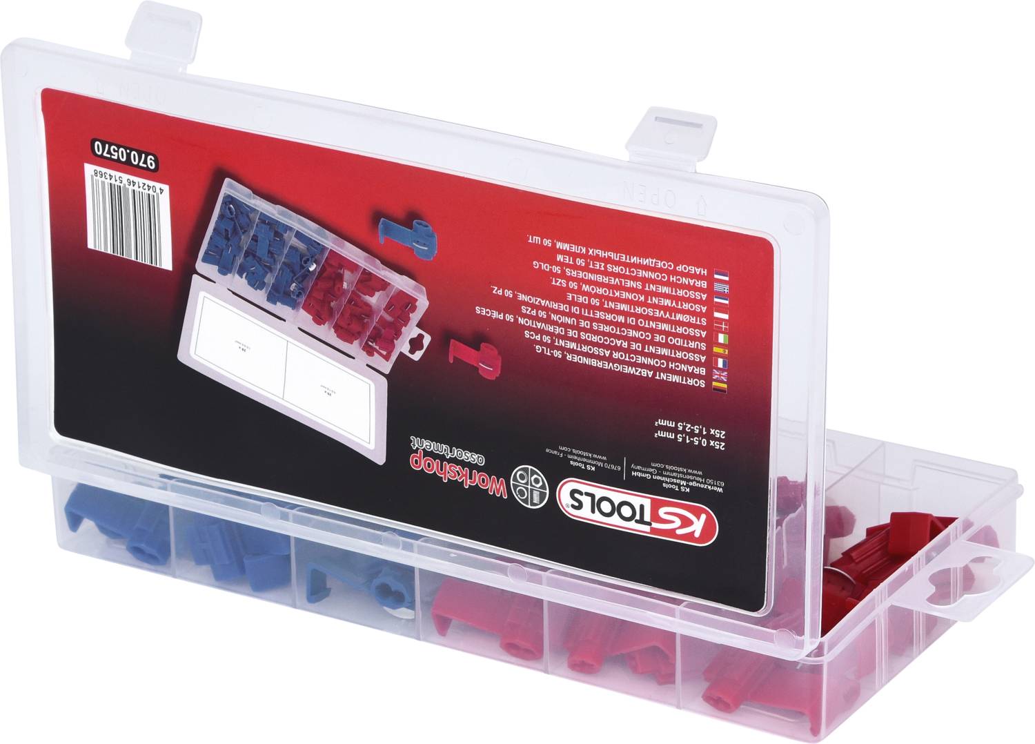 Przezroczyste pudełko z tworzywa sztucznego zawierające złącza samochodowe w kolorach czerwonym i niebieskim. Etykieta przedstawia markę 'KS Tools' oraz szczegóły produktu.