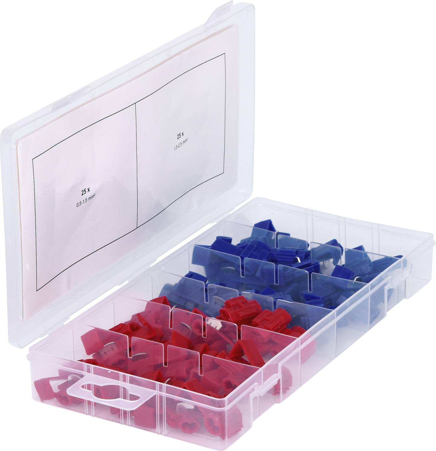 Przezroczyste pudełko z tworzywa sztucznego z czerwonymi i niebieskimi złączkami umieszczonymi w oddzielnych przegródkach, otwarte, prezentujące różne kształty i rozmiary.