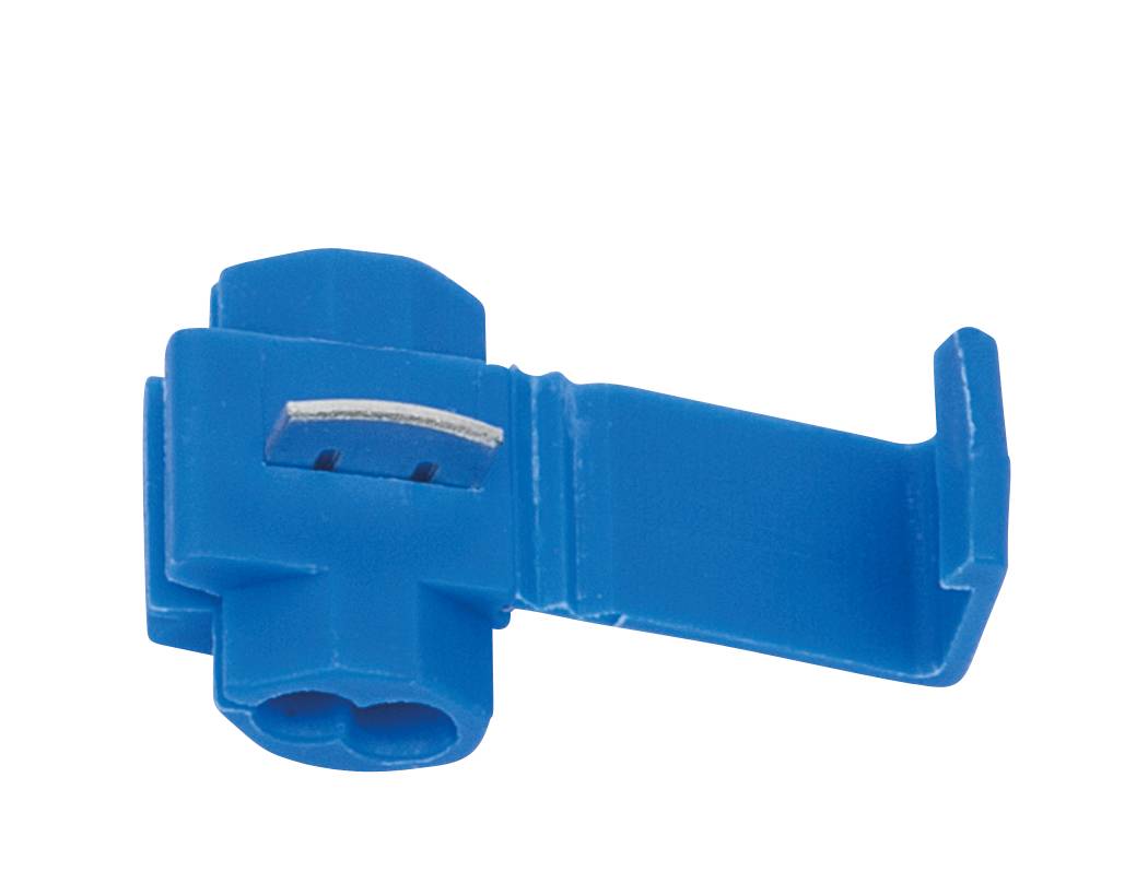 Niebieski plastikowy złącznik kablowy z klapkowym zamknięciem. Służy do łatwego łączenia przewodów elektrycznych.
