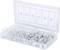Plastikowa skrzynka z przegródkami, wypełniona srebrnymi śrubami w różnych rozmiarach, których liczba jest wyszczególniona we wewnętrznej stronie wieka.