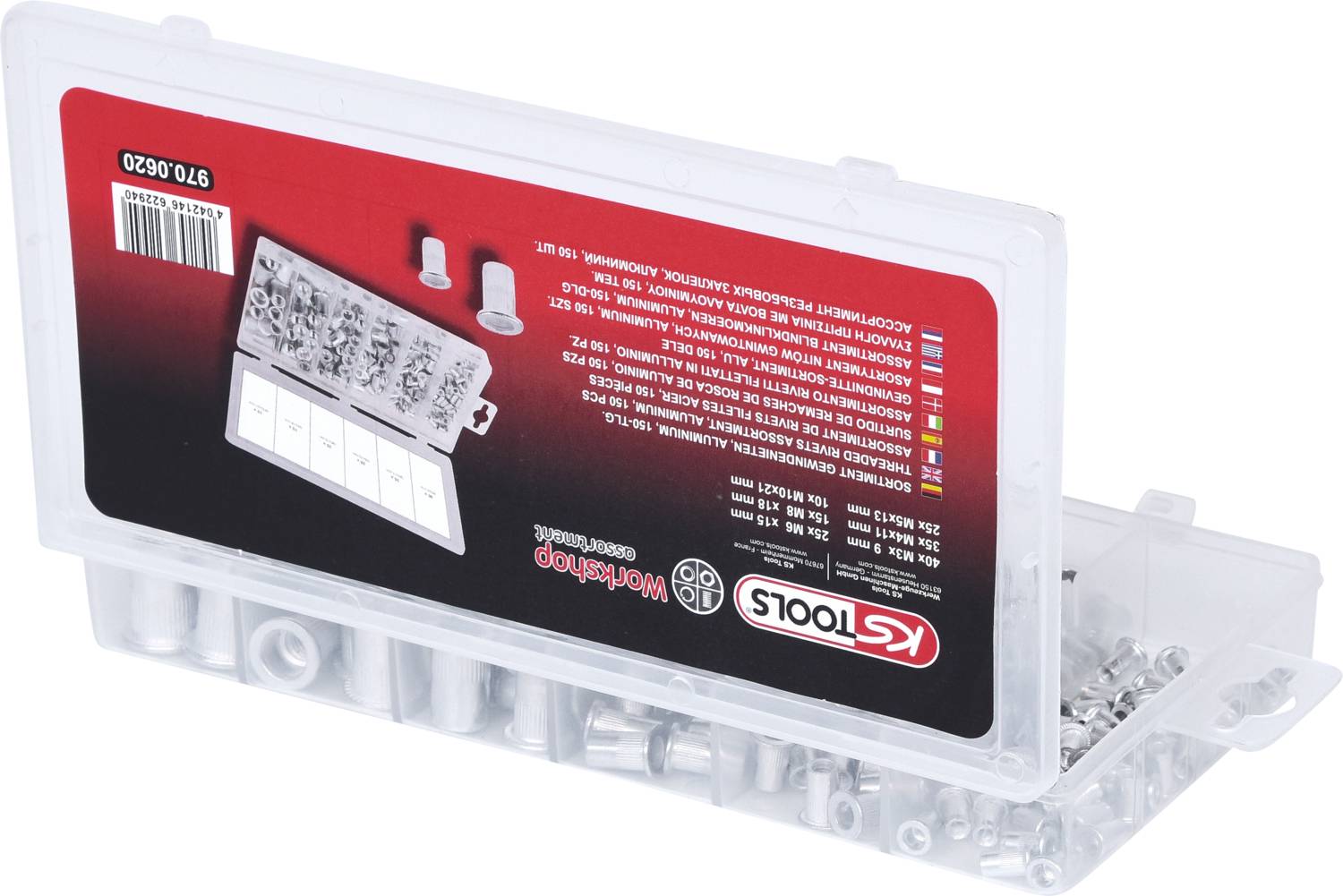 Przezroczyste pudełko z tworzywa sztucznego zawiera różne narzędzia metalowe i części osprzętu, w tym zaciski i inne małe komponenty.