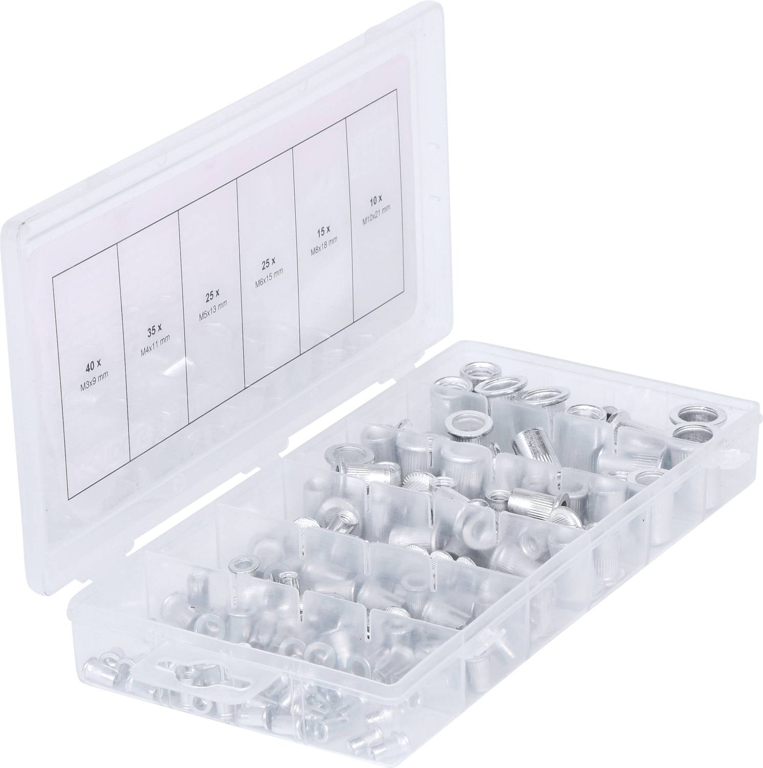 Otwarte pudełko z tworzywa sztucznego z różnymi srebrnymi wkładkami nakrętek, ułożonymi w przegródkach.