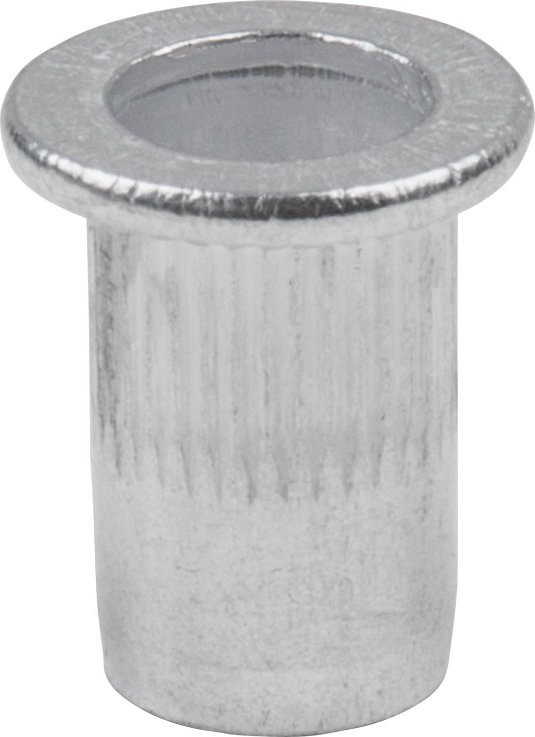 Cylindryczna, metalowa nakrętka wciskana z rowkowaną powierzchnią i płaskim obrzeżem u góry.