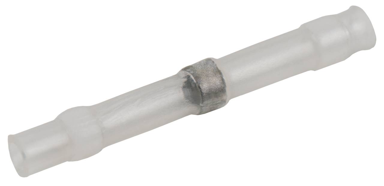 Biała termokurczliwa złączka kablowa z wbudowanym środkiem lutowniczym, przeznaczona do bezpiecznego łączenia przewodów elektrycznych.