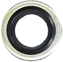 Metalowy pierścień uszczelniający z czarnym pierścieniem gumowym pośrodku, stosowany do uszczelniania połączeń.