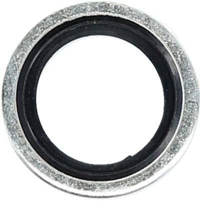 Okrągły, metalowy pierścień uszczelniający z czarnym uszczelnieniem gumowym w środku.