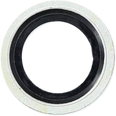 Metalowy pierścień o kształcie koła z czarną gumową krawędzią pośrodku, prawdopodobnie uszczelka lub podkładka.