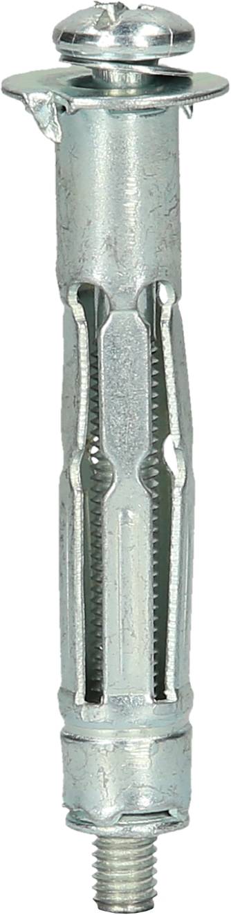 Metalowy kołek rozporowy z łbem cylindrycznym i śrubą, przeznaczony do mocowania na twardych podłożach, zapewniający bezpieczne zamocowanie ciężkich obciążeń.