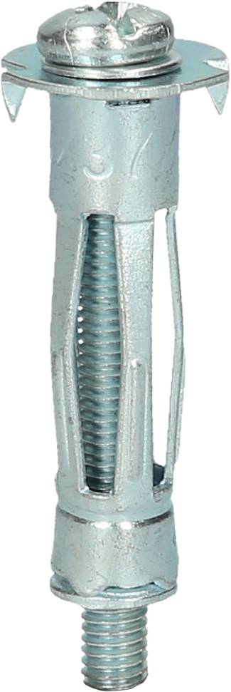 Metalowy kołek rozporowy z gwintem i elementami rozprężnymi. Odpowiedni do mocowań w płycie gipsowo-kartonowej lub podobnych materiałach.